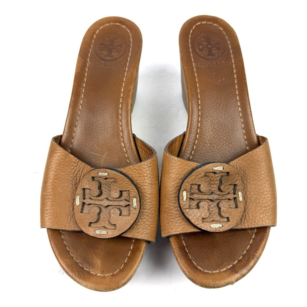 Tory Burch Patti Wedge 6.5 Brown Leather Slip On Womens Studded Heel Shoes